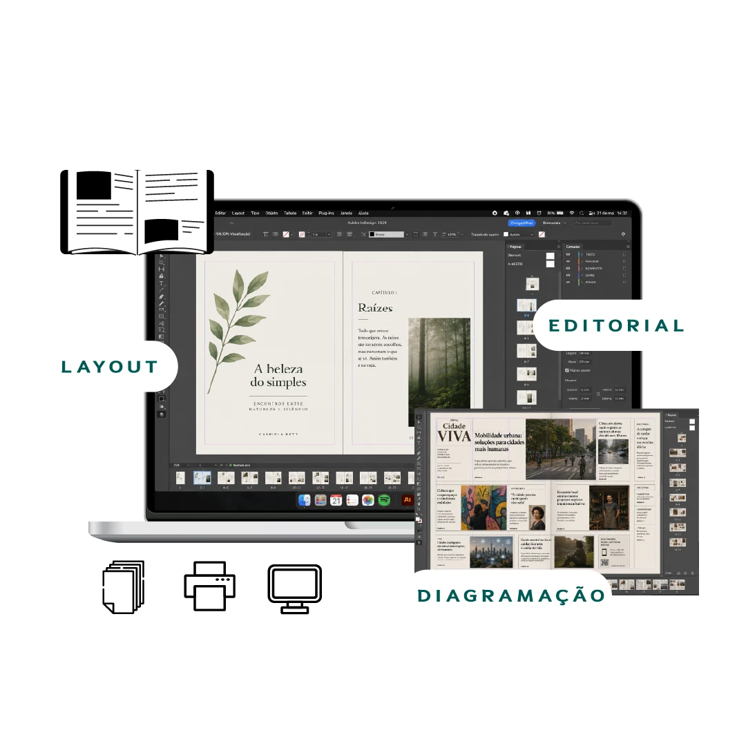 Mockup de skill Adobe InDesign com layout, editorial e diagramação